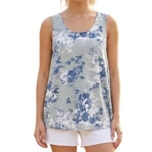 June + Vie Floral Tank Womens Medium Gray Blue Cotton Casual Swing Top